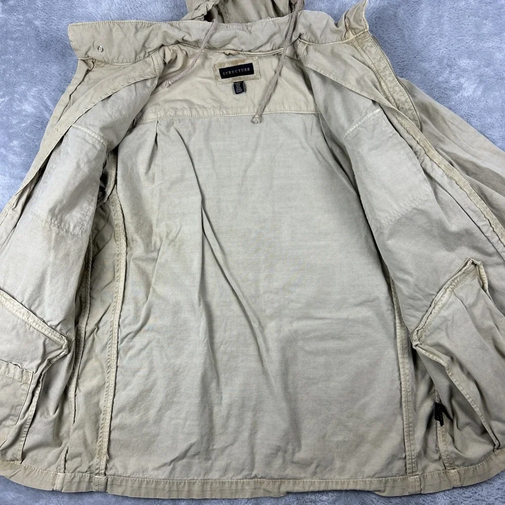 Structure‎ Mens Large Beige Chore Barn Coat Jacket Snap Zip Hooded Cotton